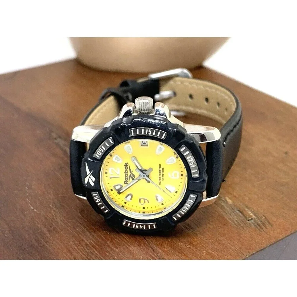 Reebok Women's Watch Quartz VX12 Diver Yellow Dial Black Leather Strap 29mm